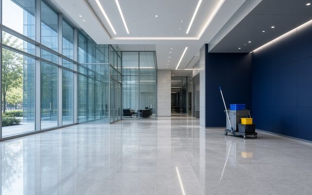 Polished commercial building lobby with a janitorial cart