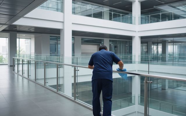 Day porter wiping a glass railing in an office atrium