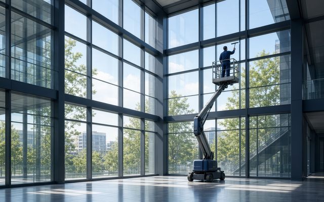Window cleaner on a lift at a multi-story glass wall